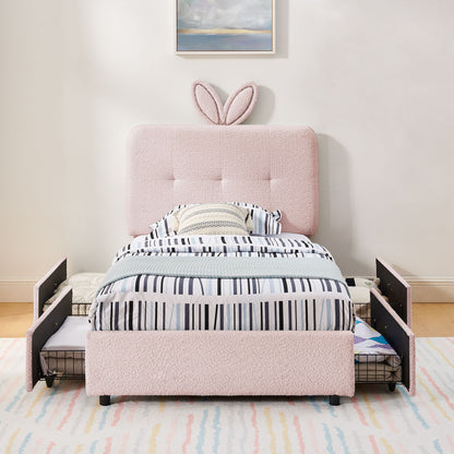 Upholstered Bed With Oversized Rabbit Ear Headboard, LED Lights &amp; 4 Storage Drawers