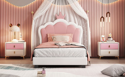 Twin Size Upholstered Princess Bed &amp; Crown Headboard, Platform Bed With Headboard And Footboard - White / Pink