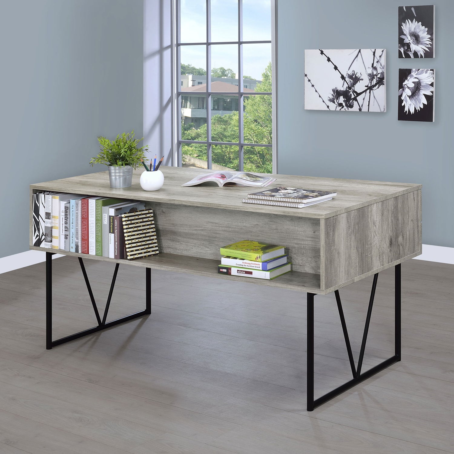 Rustic Industrial Charm Writing Desk With 4 Drawers And Open Shelf