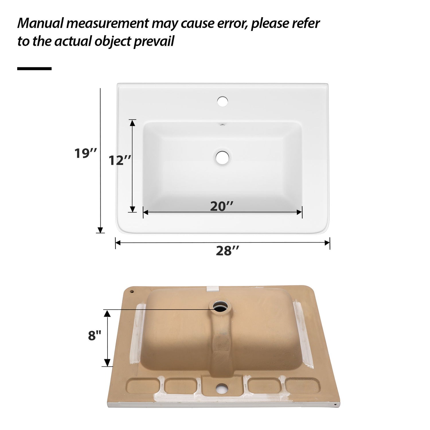 Rectangular Single Vanity Top With 1 Faucet Hole And Overflow, 28 X 19&quot; - White