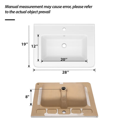 Rectangular Single Vanity Top With 1 Faucet Hole And Overflow, 28 X 19&quot; - White