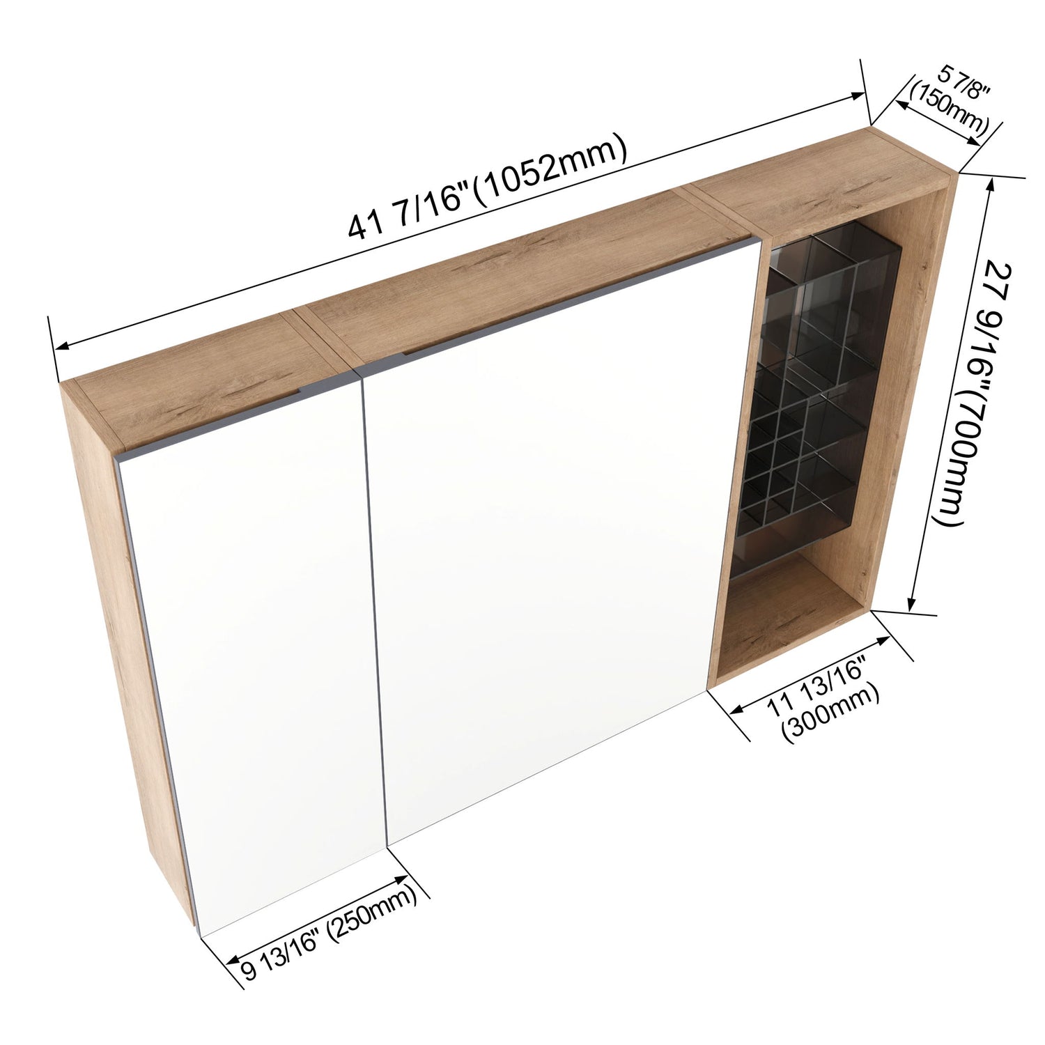 Wall Mounted Bathroom Mirror Cabinet, Adjustable Shelves - Imitative Oak