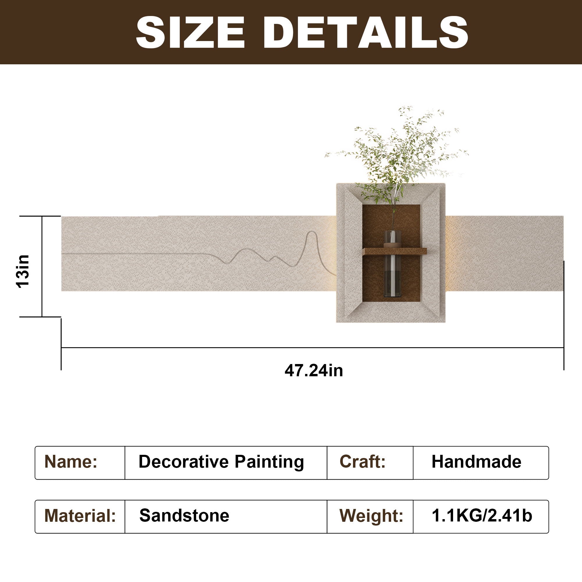 3D LED Sandstone Wall Decor With Simulated Plants, Glass Vase &amp; Remote Control - Light Coffee