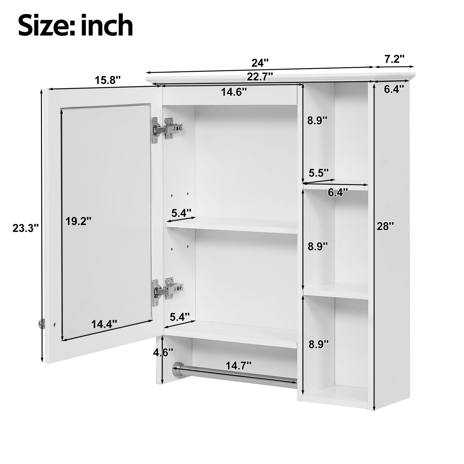 Modern 3 In 1 Bathroom Mirror Cabinet With Adjustable Shelf &amp; Towel Bar