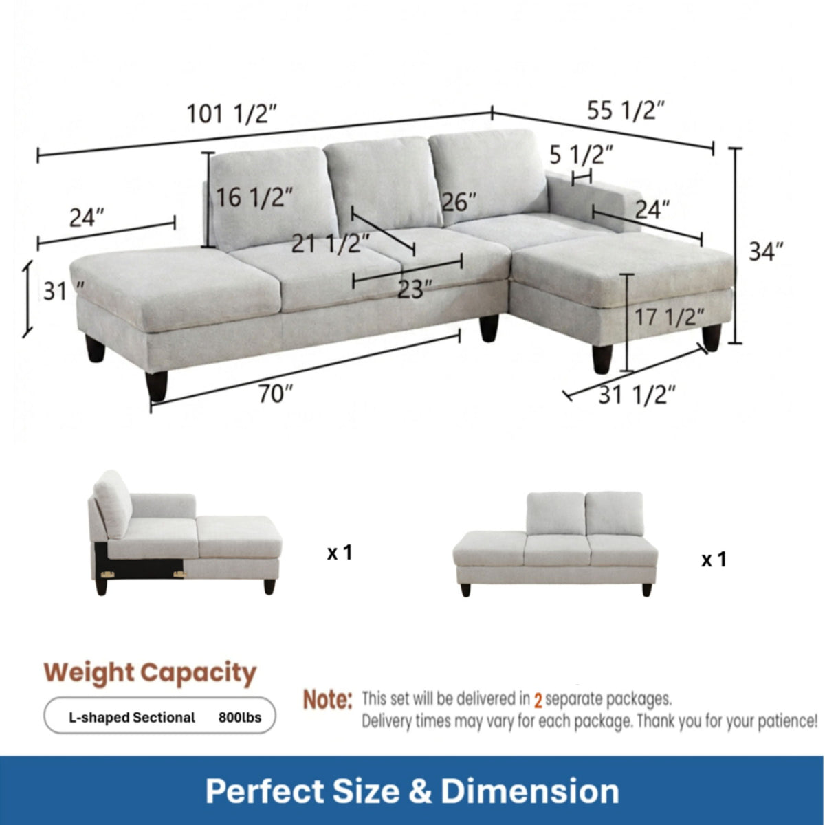 L - Shaped Sectional Sofa With Chaise &amp; Ottoman