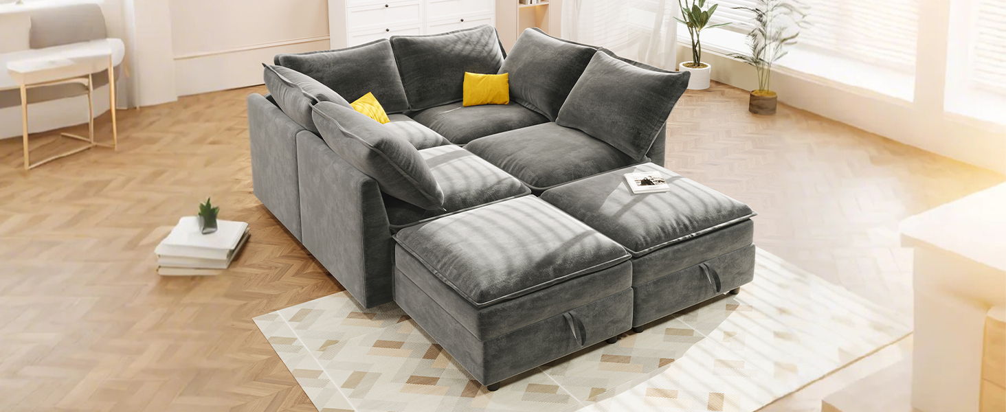 Versatile 6 Piece Modular Sofa Bed With Storage, Stylish Faux Double Layer Cushions, Comfortable &amp; Durable Design, Perfect For Any Living Space