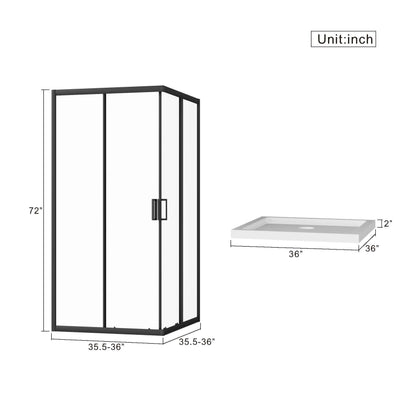 Corner Shower Enclosure, Double Sliding Door &amp; Shower Base - Matte Black