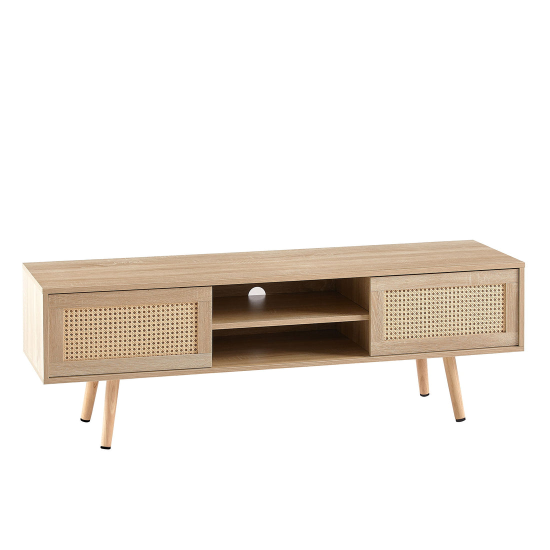 55.12&quot; Rattan TV Cabinet, Double Sliding Doors For Storage, Adjustable Shelf, Solid Wood Legs, TV Console For Living Room