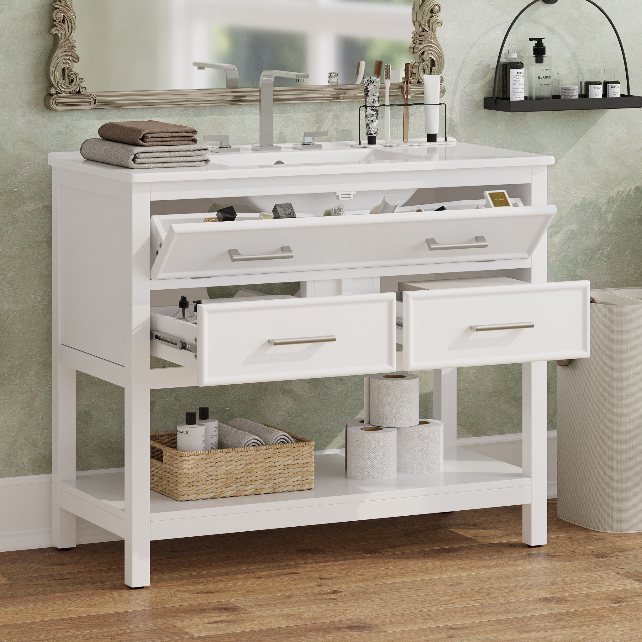 Bathroom Vanity With Ceramic Sink, Tip Out Tray &amp; 2 Full Extension Drawers