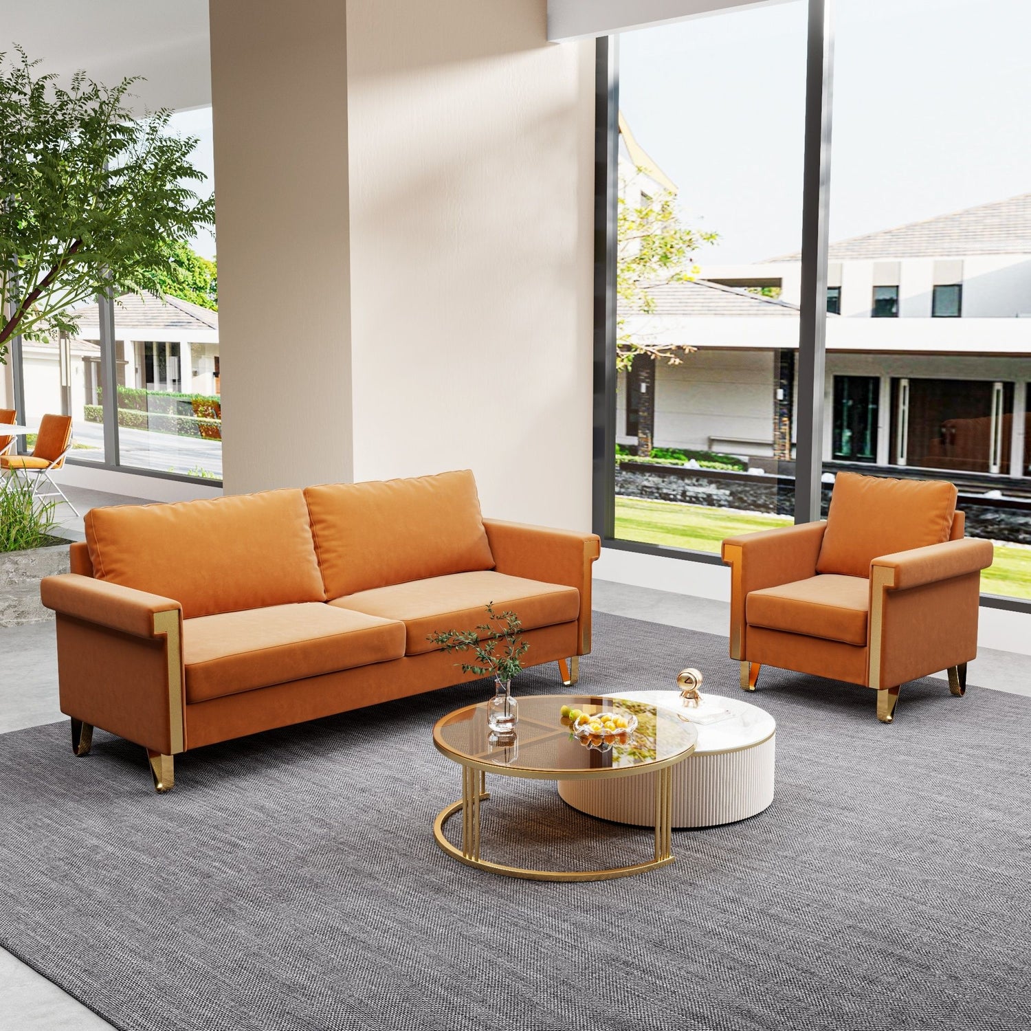Luxury Velvet Sofa And Chair Set With Metal Accents