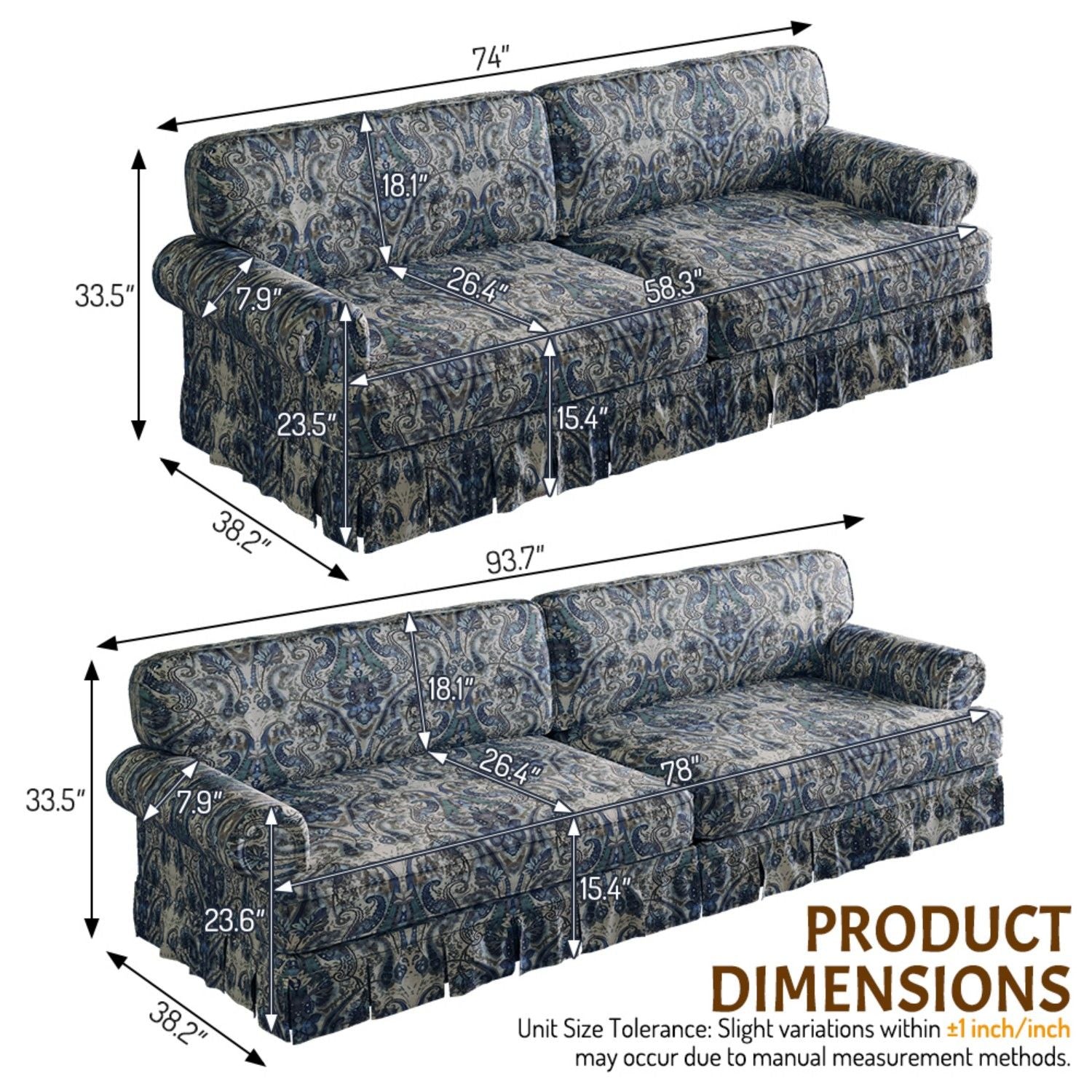 Luxuriously Comfortable Cloud Couch With Elegant Rolled Arms &amp; Pleated Skirt Design