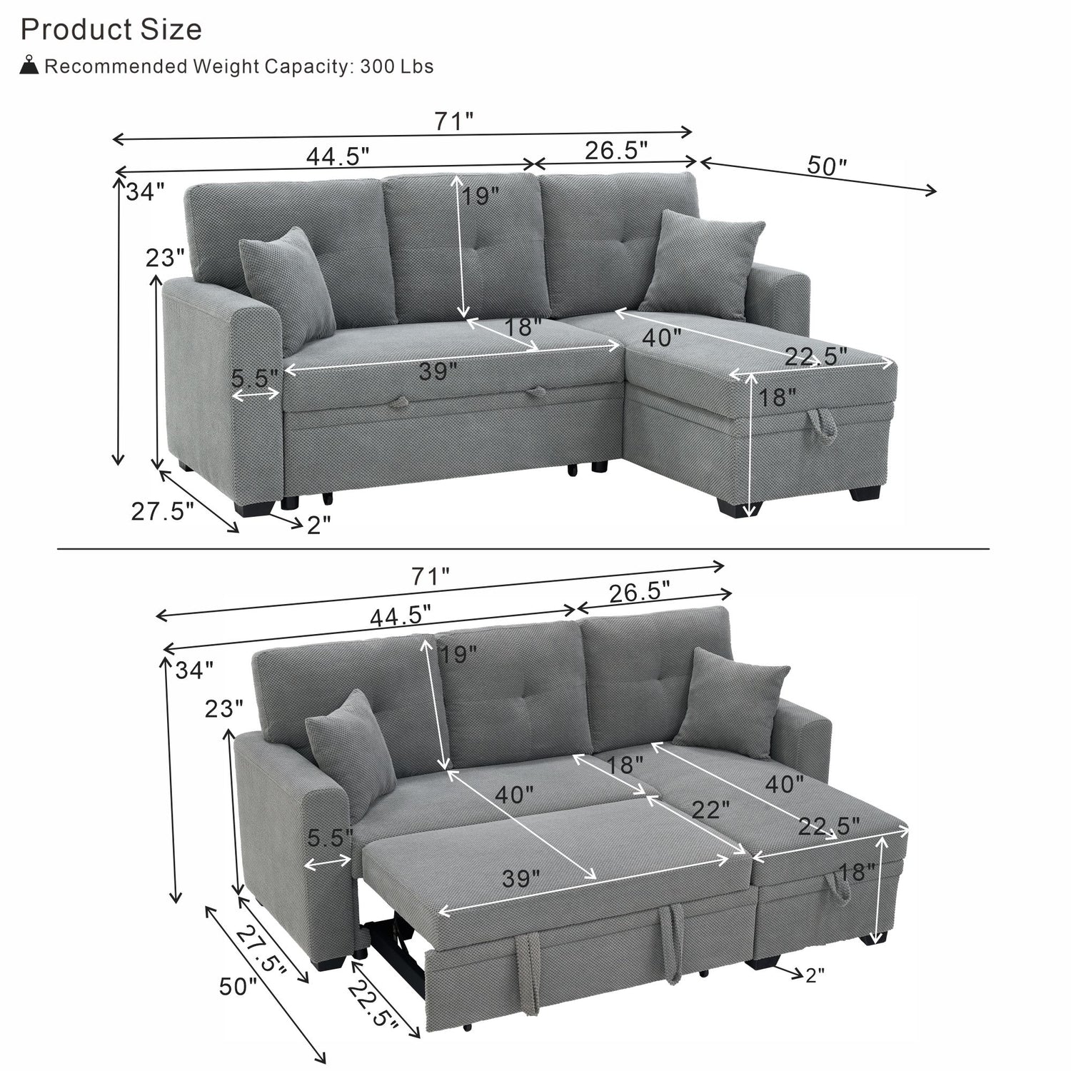 Sleeper Sectional With Pull Out Bed, Reversible Chaise