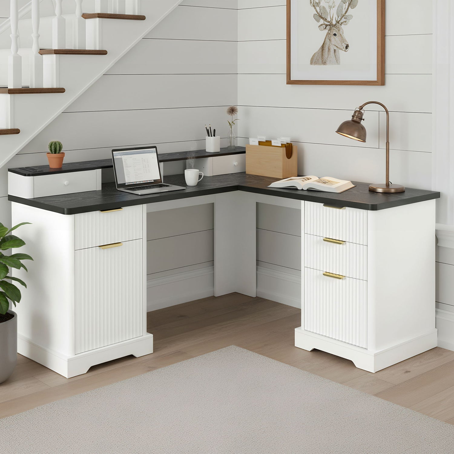 Fluted L-Shaped Desk With Charging Station &amp; Storage Cabinet