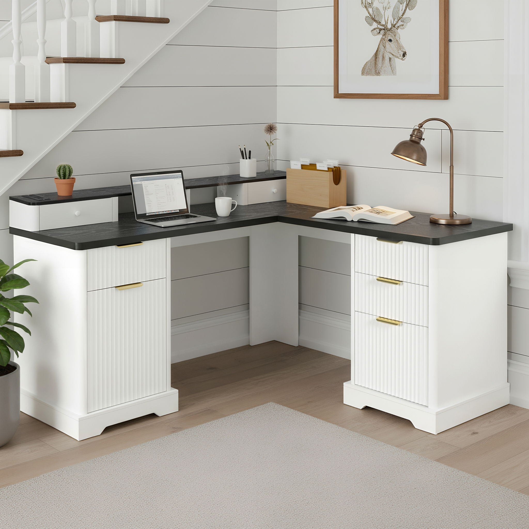 Fluted L-Shaped Desk With Charging Station &amp; Storage Cabinet