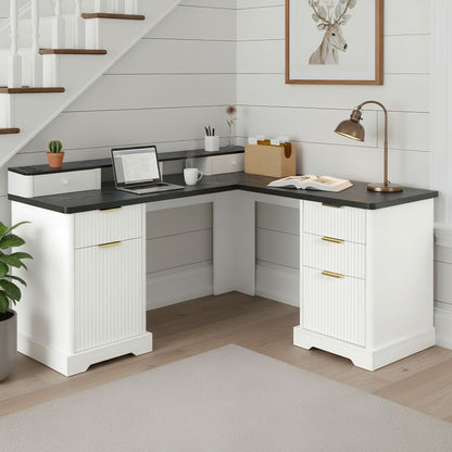 Fluted L-Shaped Desk With Charging Station &amp; Storage Cabinet