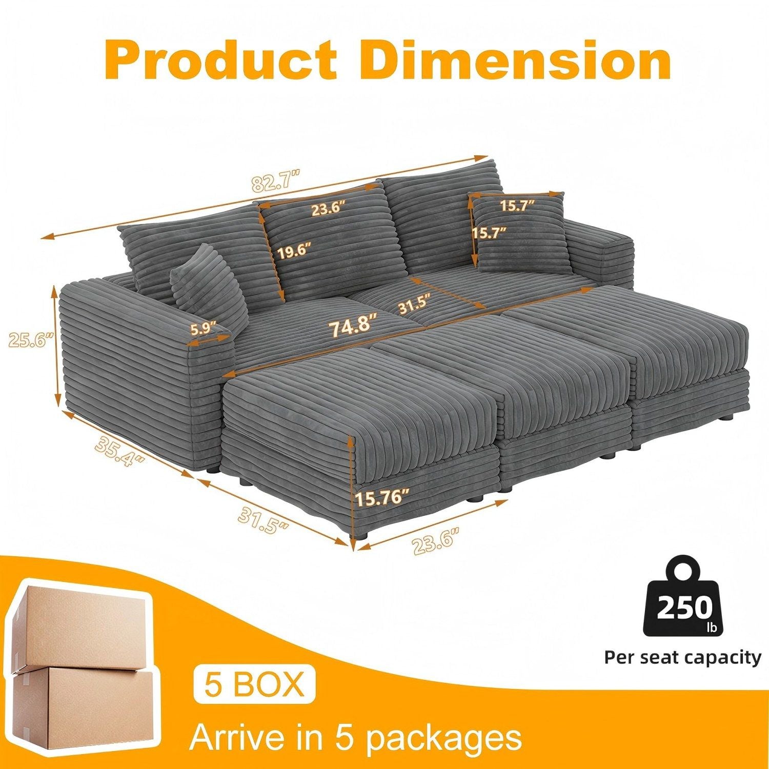 Convertible Deep Seat Sofa With Soft Pillows And Ottomans