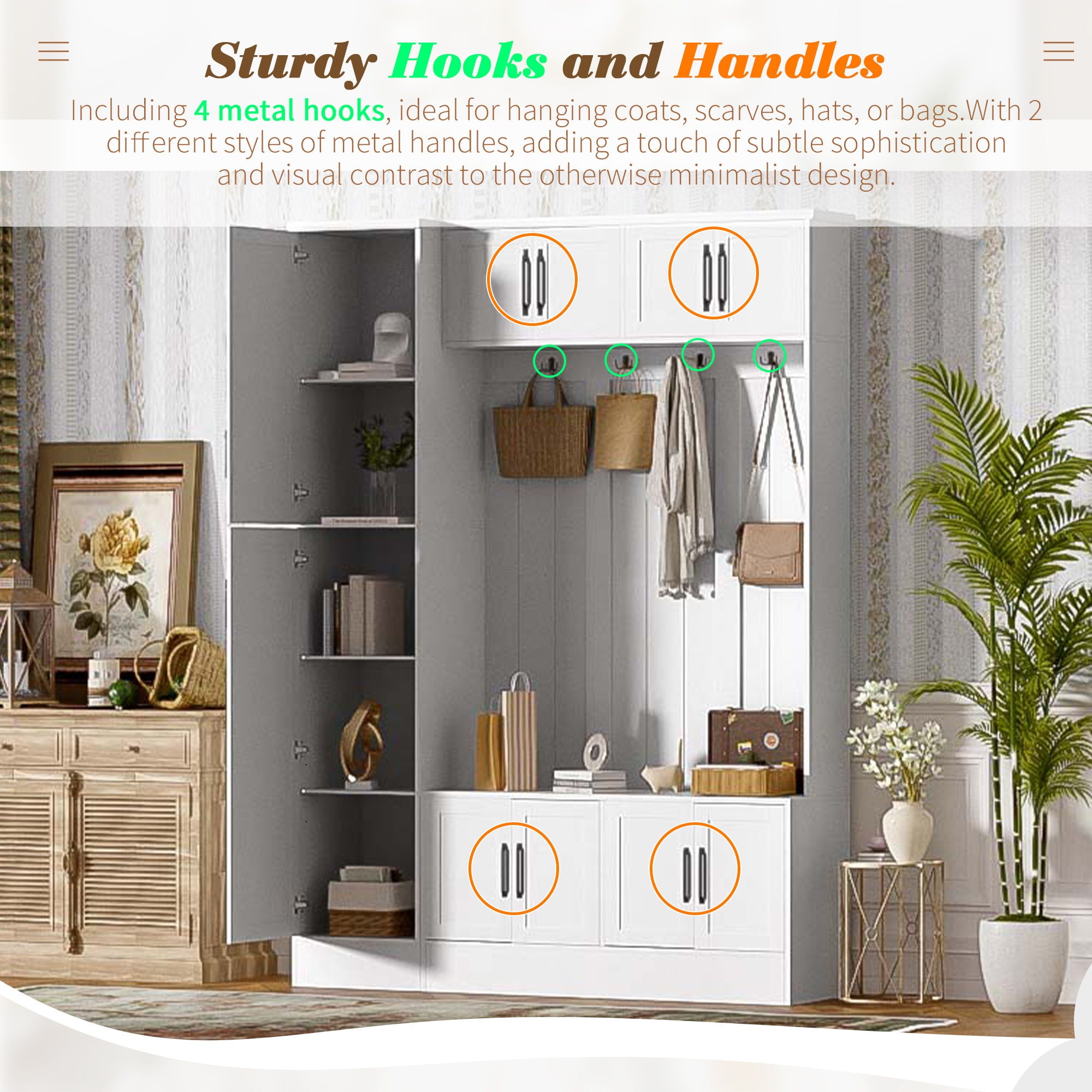 Tall Hall Tree With Shoe Storage, 4 In 1 Entryway Bench With 6 Cabinets, 4 Coat Hooks &amp; Adjustable Shelf For Hallway - White