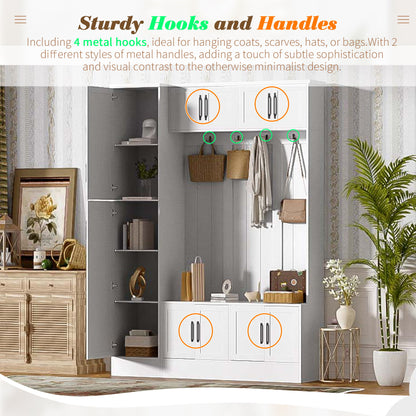 Tall Hall Tree With Shoe Storage, 4 In 1 Entryway Bench With 6 Cabinets, 4 Coat Hooks &amp; Adjustable Shelf For Hallway - White