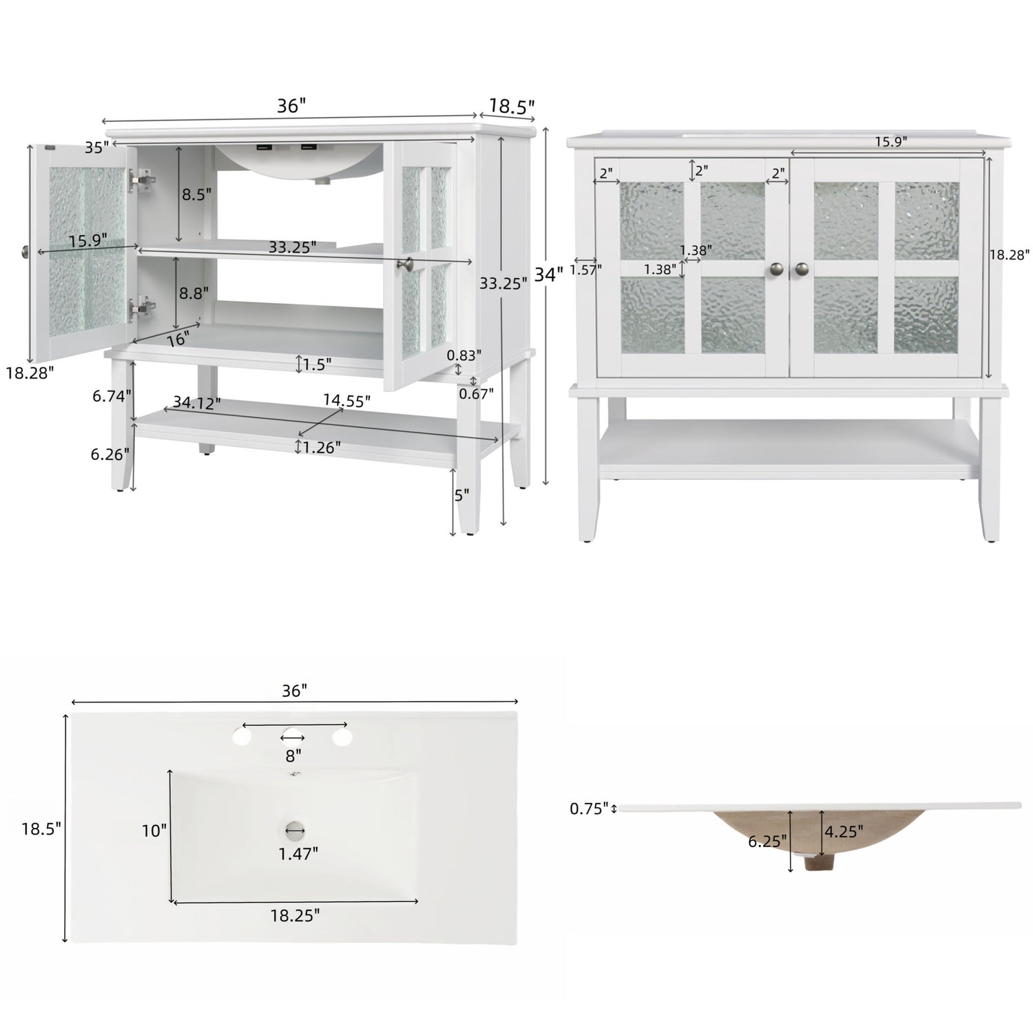 Bathroom Vanity With Ceramic Sink, Adjustable &amp; Open Shelf