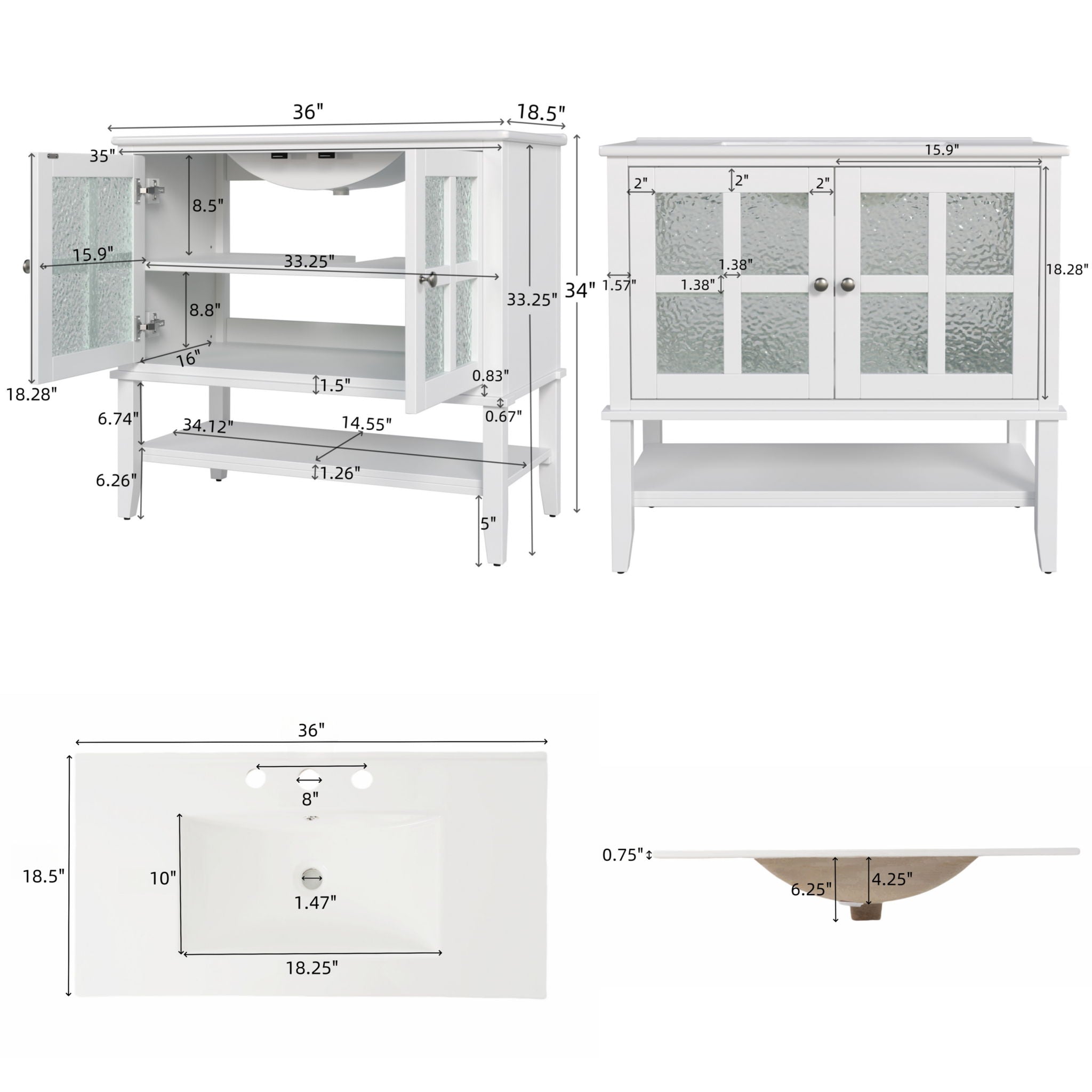Bathroom Vanity With Ceramic Sink, Adjustable &amp; Open Shelf