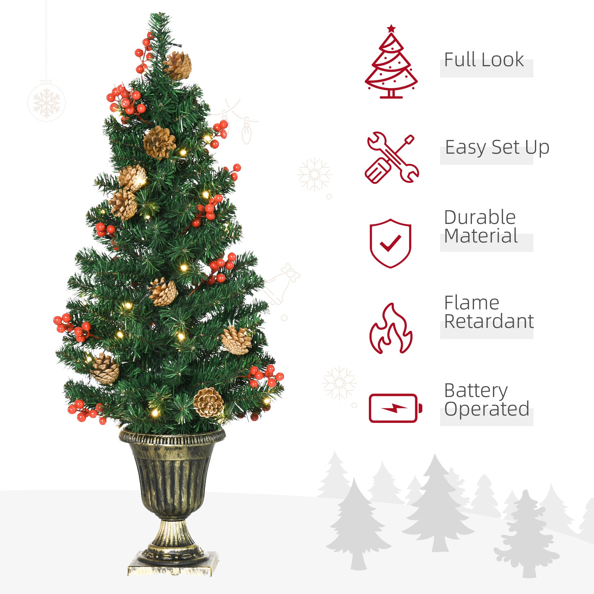 HOMCOM Prelit Holiday Christmas 4-Piece Set, Garland Wreath and Set of 2 Entrance Trees with Warm White LED Lights, Red Berries, Pine Cones, Green