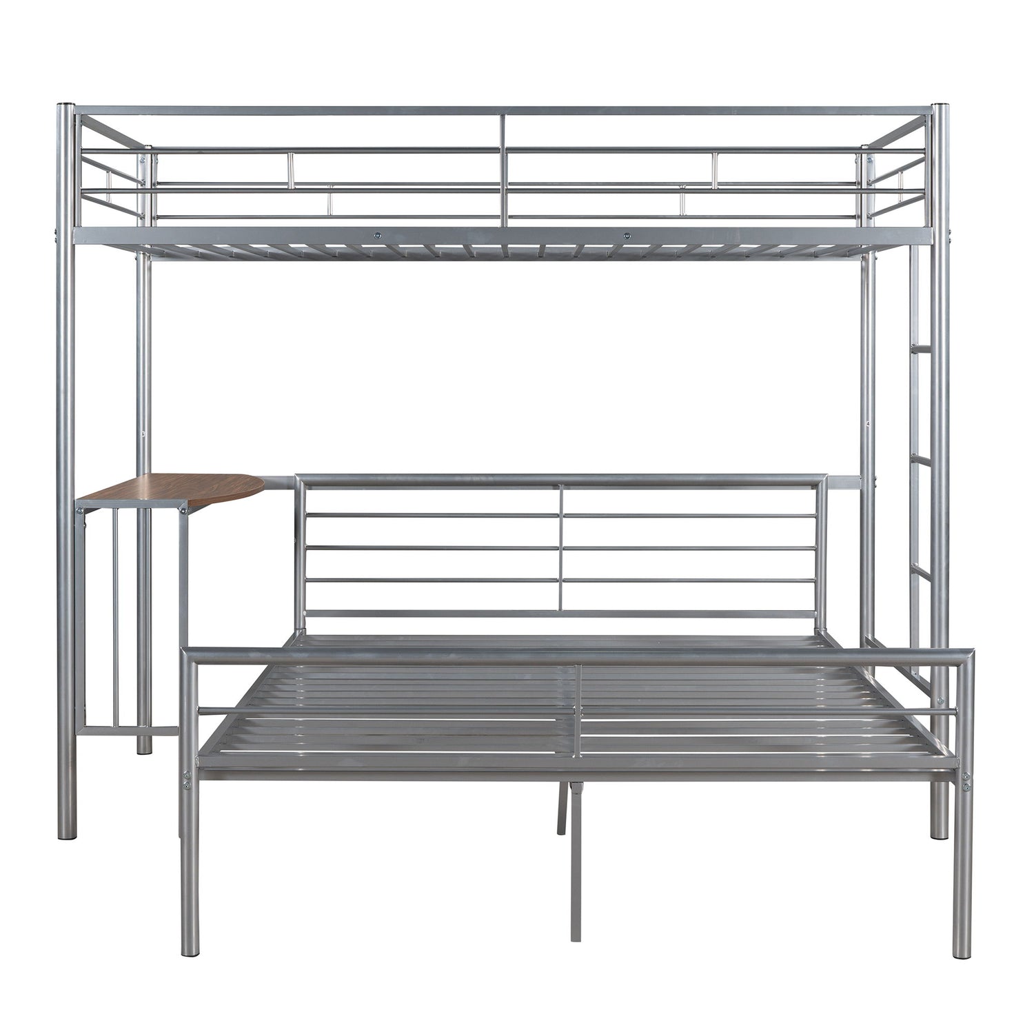 Twin Over Full Bunk Bed With Desk, Ladder And Quality Slats For Bedroom - Silver