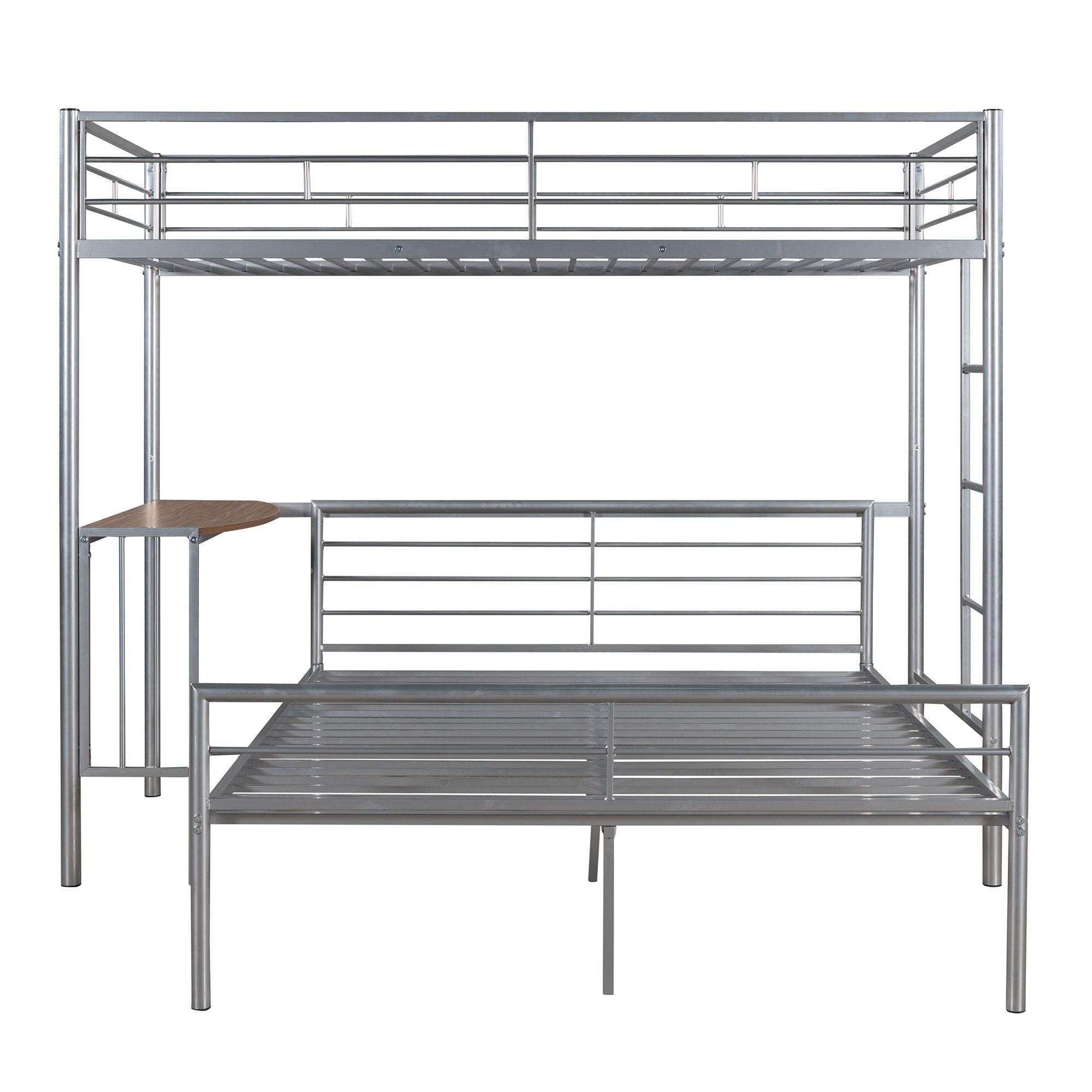 Twin Over Full Bunk Bed With Desk, Ladder And Quality Slats For Bedroom - Silver