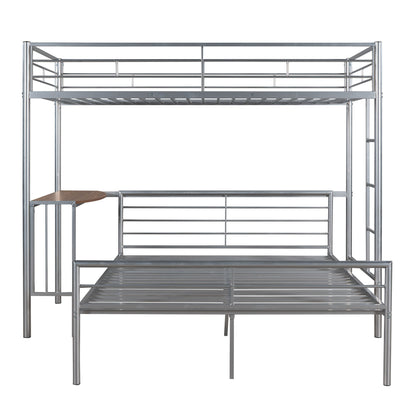 Twin Over Full Bunk Bed With Desk, Ladder And Quality Slats For Bedroom - Silver