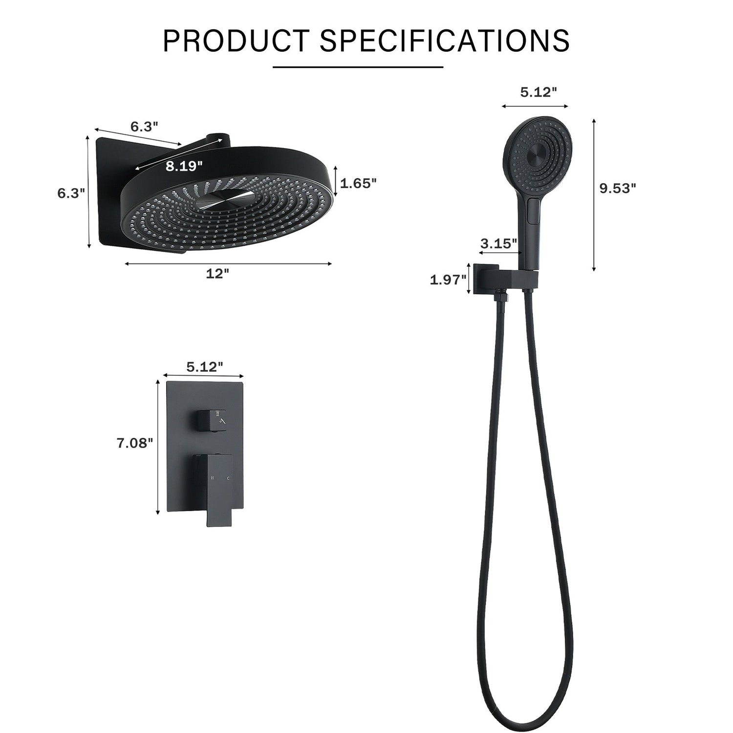 Concealed Shower System 2 Function Set With Control Valve - Matte Black
