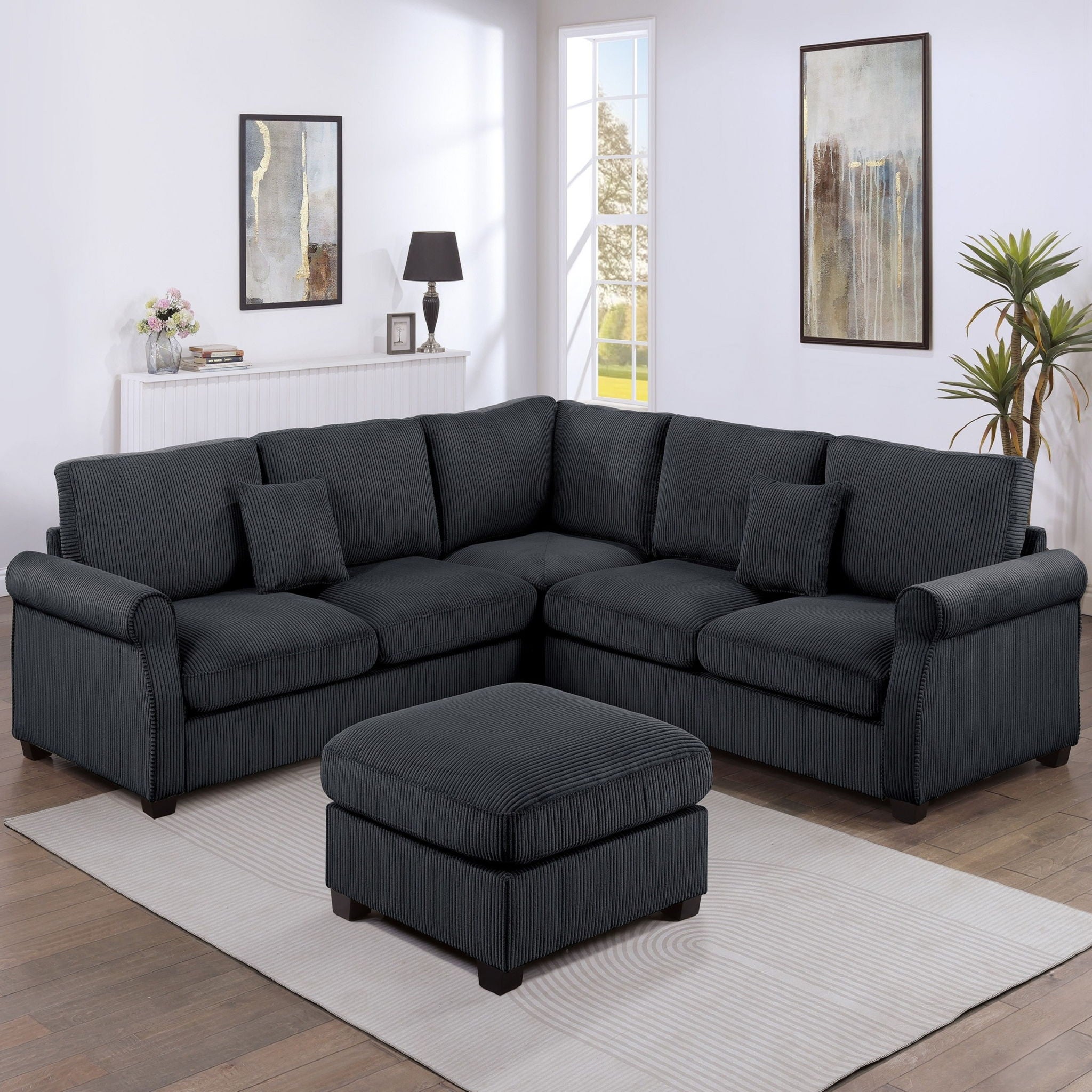 Modern Sectional Set With Corner Wedge, Loveseat, Ottoman &amp; 2 Pillows
