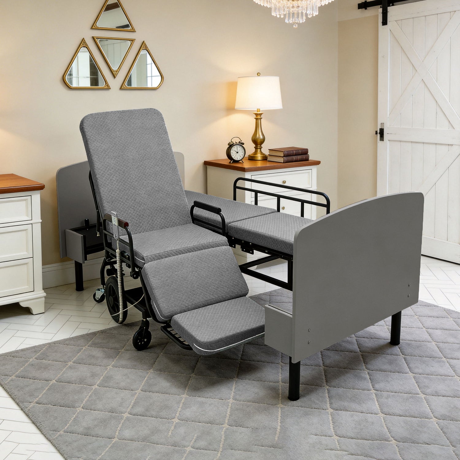 Dual Motor 3 In 1 Electric Nursing Bed Convertible To Wheelchair &amp; Stretcher - Gray