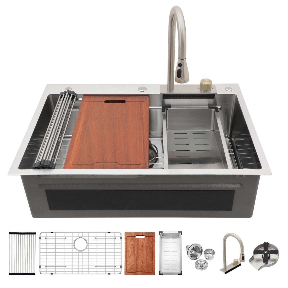 Waterfall Kitchen Sink With Pull Out Faucet &amp; Cup Washer