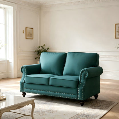 Loveseat Sofa With Nailhead Detail &amp; Turned Legs, 2 Seater Upholstered Couch