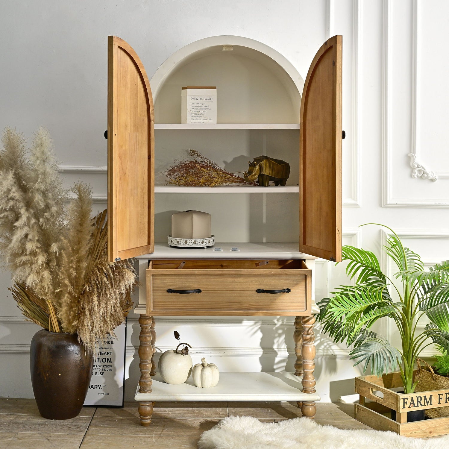 Arched Flower Carved Door Accent Sideboard Cabinet With 1 Drawer And Shelf, Cabinet For Kitchen - Natural / White