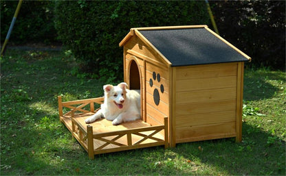 Wooden Dog House Outdoor With Porch, Dog Kennel With Water Resistant Asphalt Roof And Fencing, Indoor &amp; Outdoor Dog Crate With Paw Print, Medium - Nature