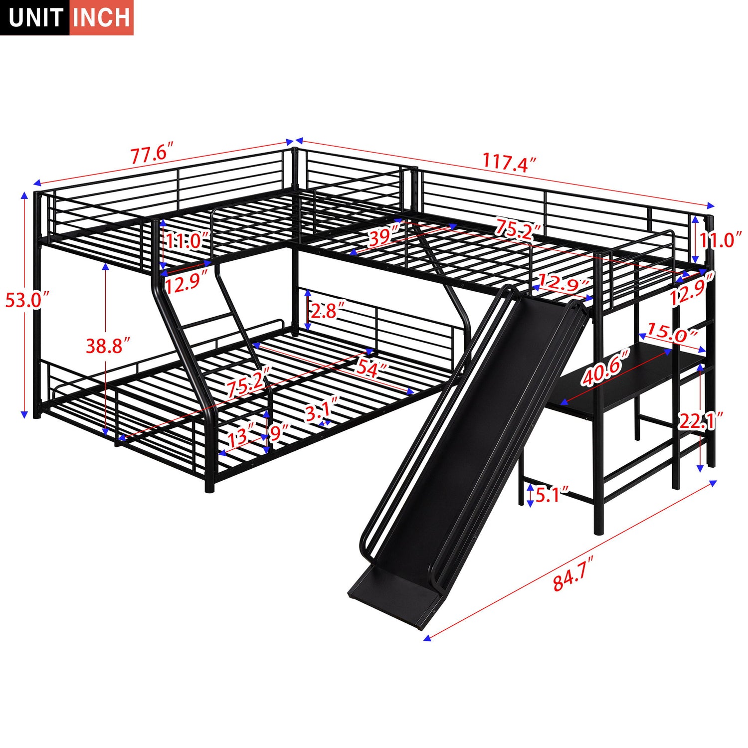 L-Shaped Twin Over Full Bunk Bed With Twin Loft, Built In Desk And Slide - Black