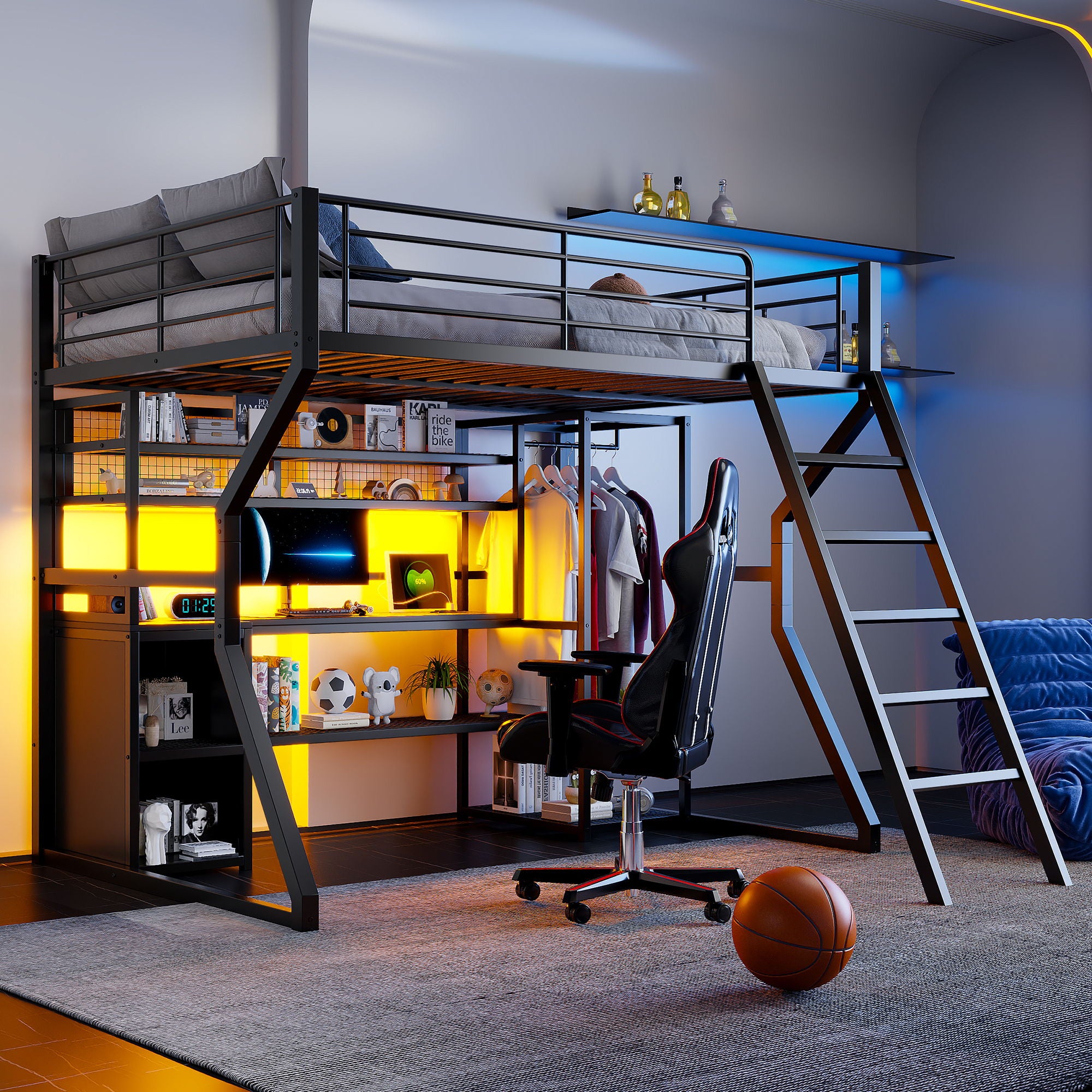 Full Size Gaming Loft Bed With Built In Work Station, Open Wardrobe, LED And Multiple Storage - Black