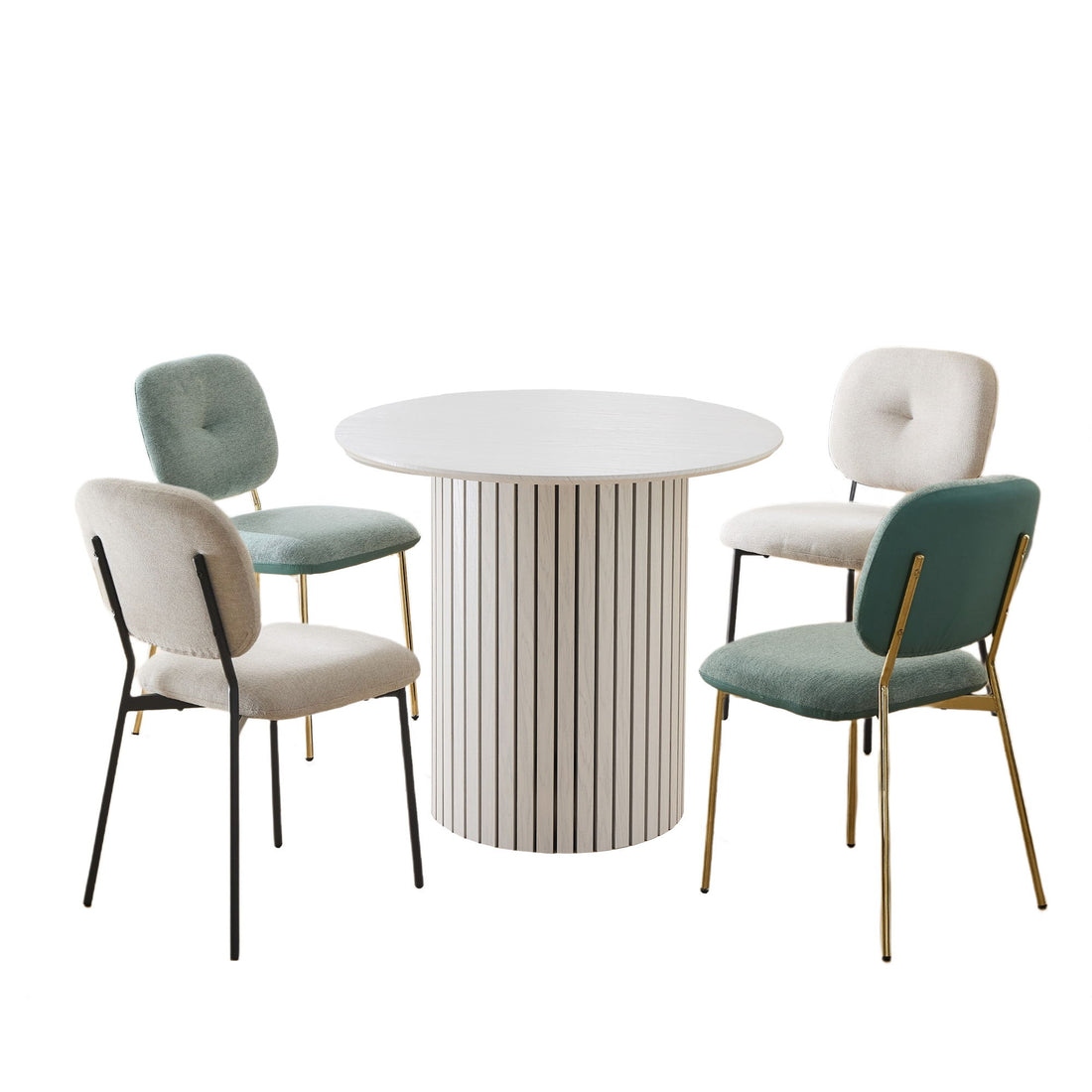 Modern 4 Person Dining Set With Bamboo &amp; Table And Turquoise &amp; Chairs Metal Legs, Space Saving Design - White