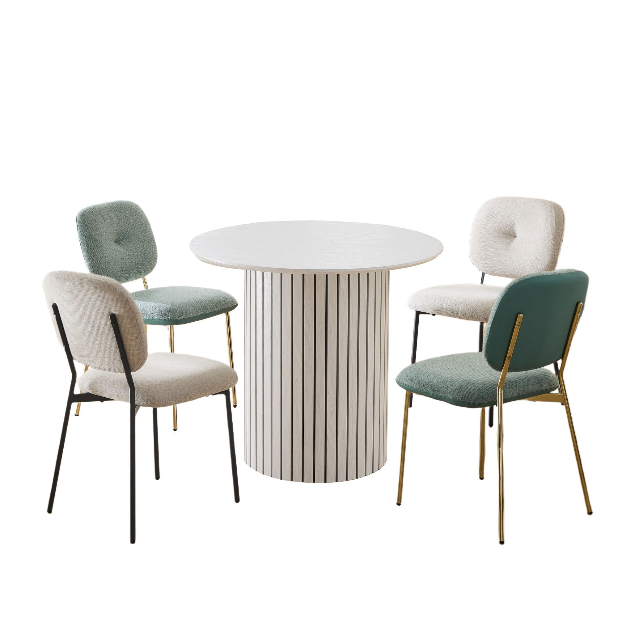 Modern 4 Person Dining Set With Bamboo &amp; Table And Turquoise &amp; Chairs Metal Legs, Space Saving Design - White