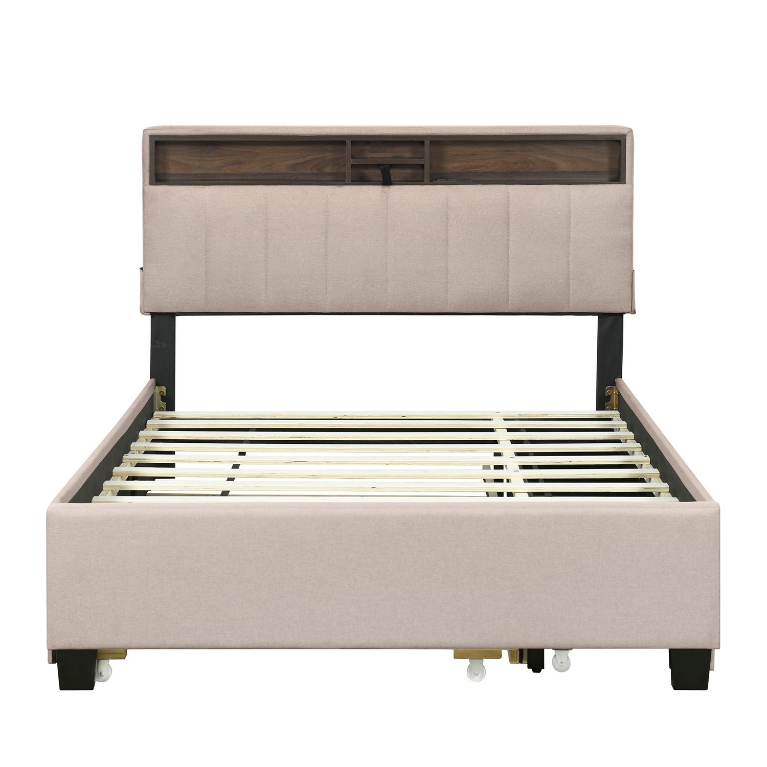 Upholstered Platform Bed With Storage Headboard, Trundle &amp; 2 Drawers And A Set Of Sockets &amp; USB Ports