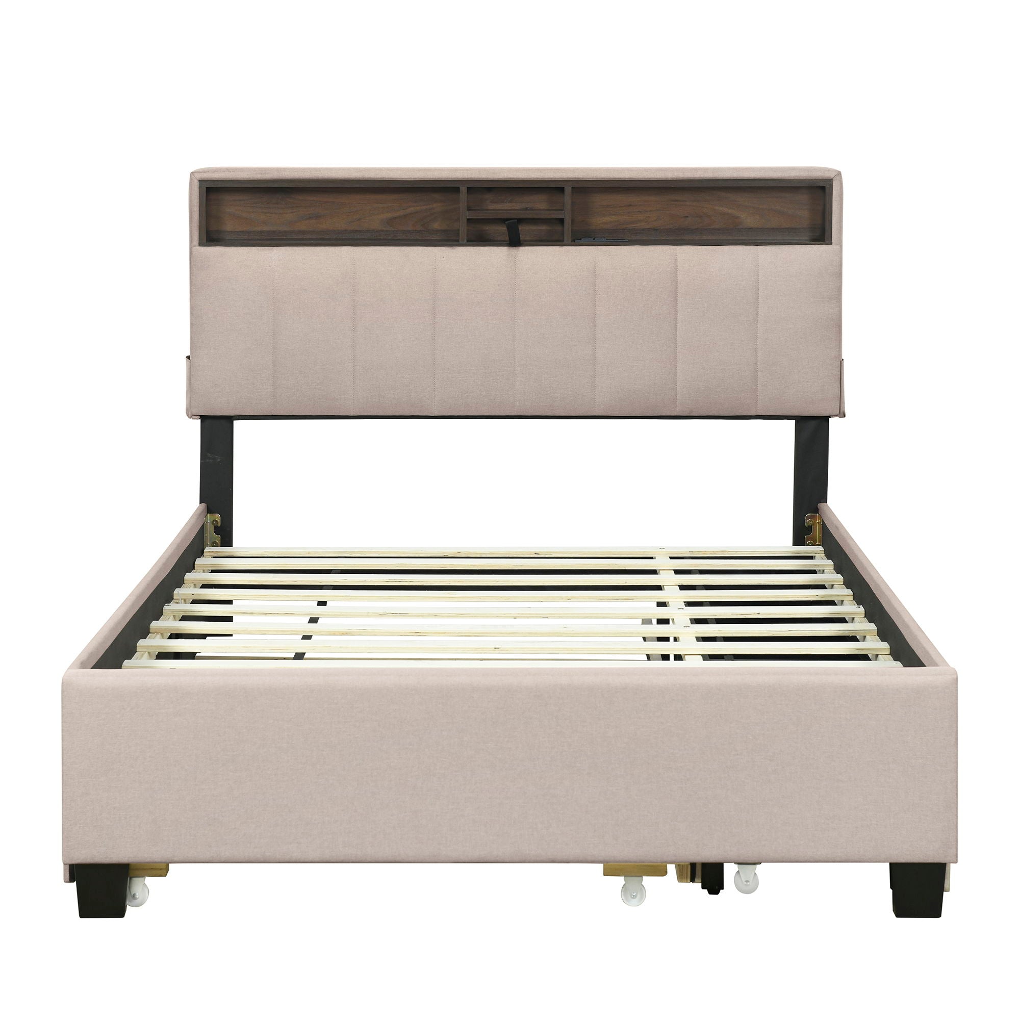 Upholstered Platform Bed With Storage Headboard, Trundle &amp; 2 Drawers And A Set Of Sockets &amp; USB Ports