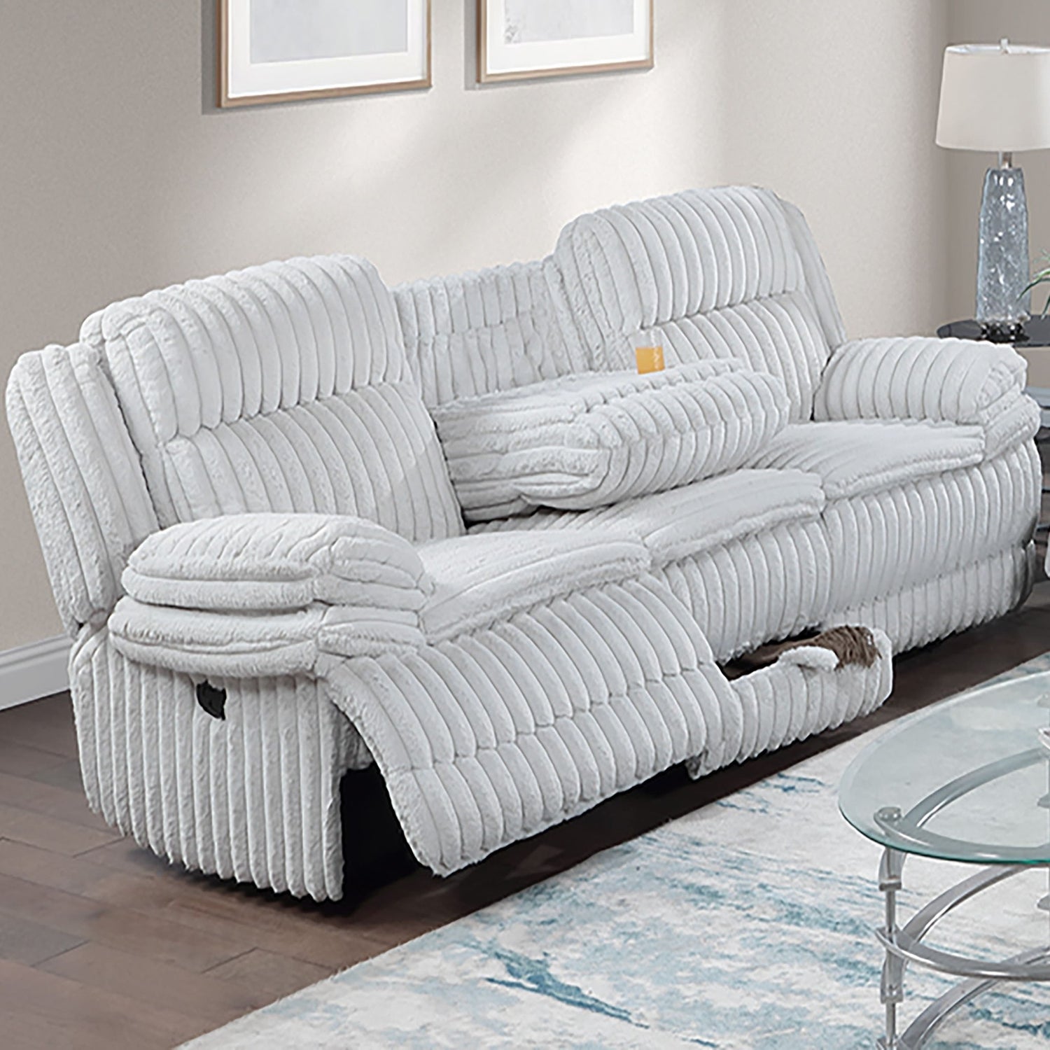Motion Recliner Sofa With Fold-Down Table, Manual Recline, Charging Station &amp; Cup Holders
