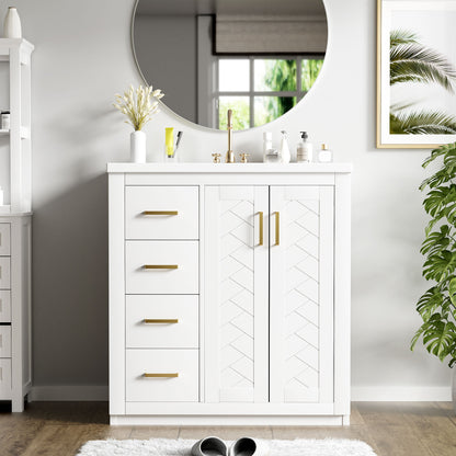 Ceramic Sink Combo, Freestanding Vanity Set With 3 Drawers &amp; Soft Closing Doors