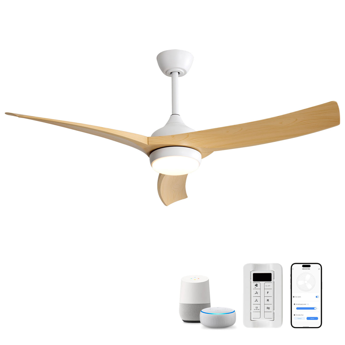 52" Ceiling Fan &amp; 18W LED Light And Remote Control, DC Motor For Bedroom - White