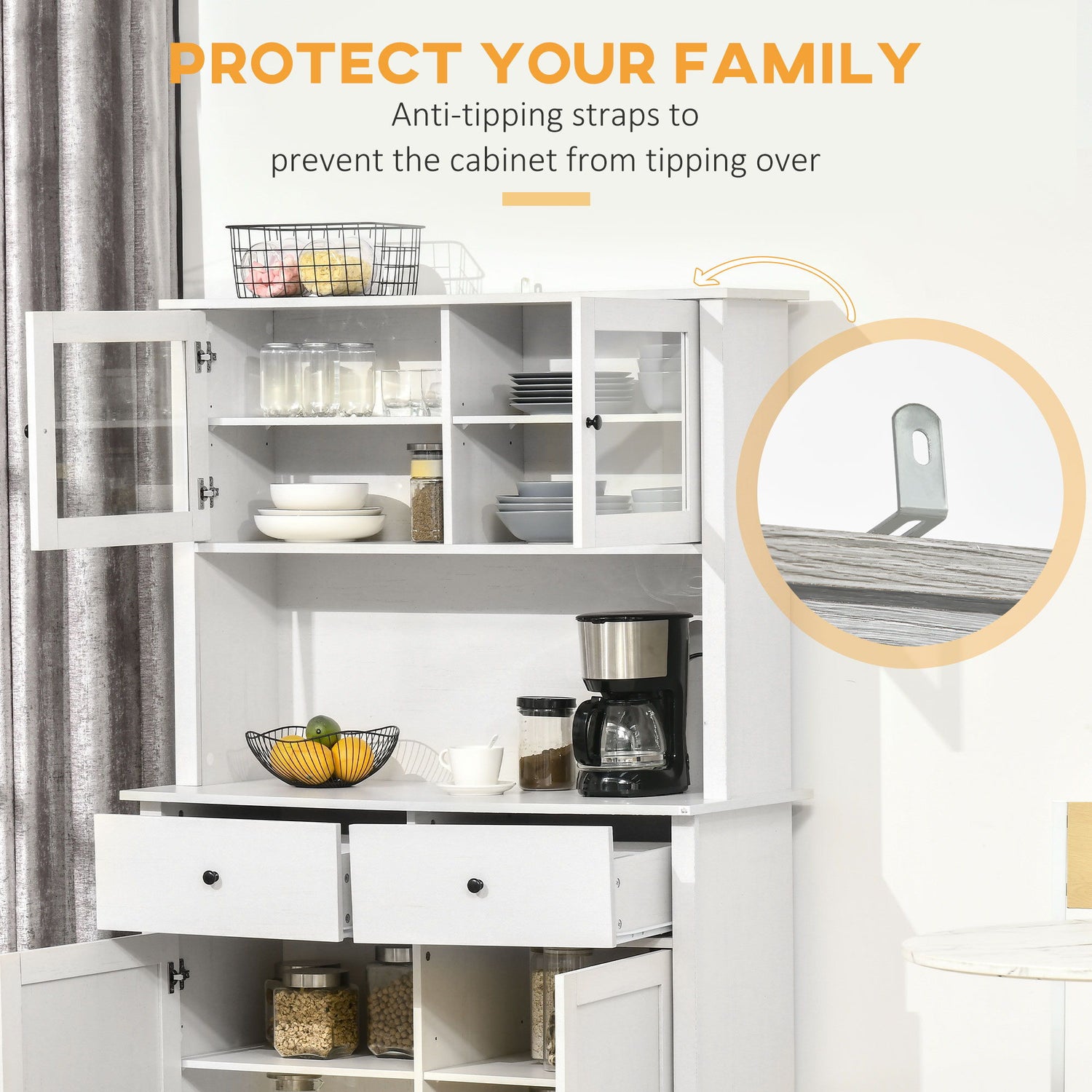 Homcom - 63.5&quot; Kitchen Buffet With Hutch, Pantry Storage Cabinet With 4 Shelves, Drawers, Framed Glass Doors, Open Microwave Countertop - Antique White