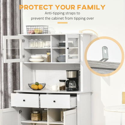 Homcom - 63.5&quot; Kitchen Buffet With Hutch, Pantry Storage Cabinet With 4 Shelves, Drawers, Framed Glass Doors, Open Microwave Countertop - Antique White