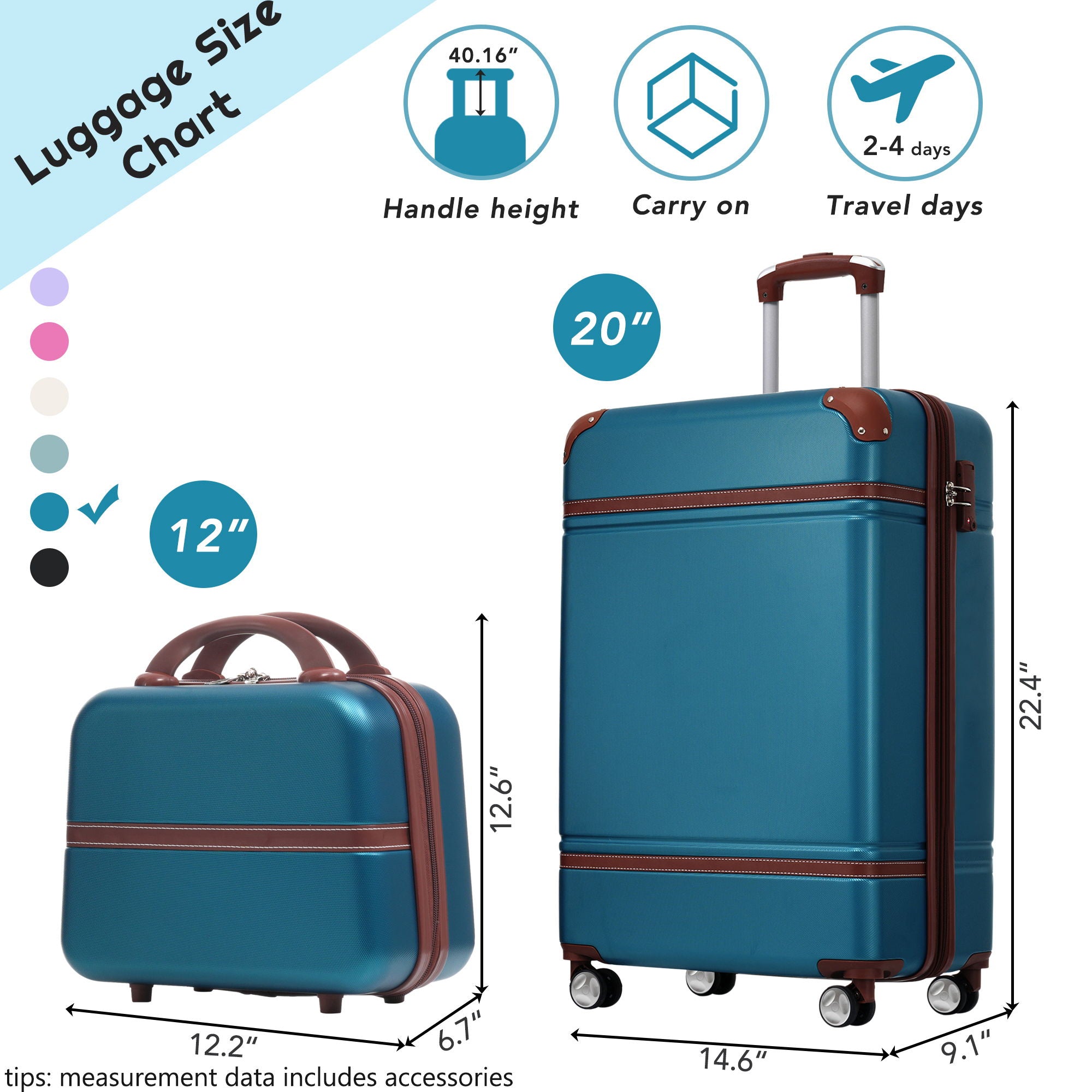20&quot; Hardside Luggage With Cosmetic Case, 2 Piece Lightweight Suitcase Set With Spinner Wheels, Carry On Vintage Luggage