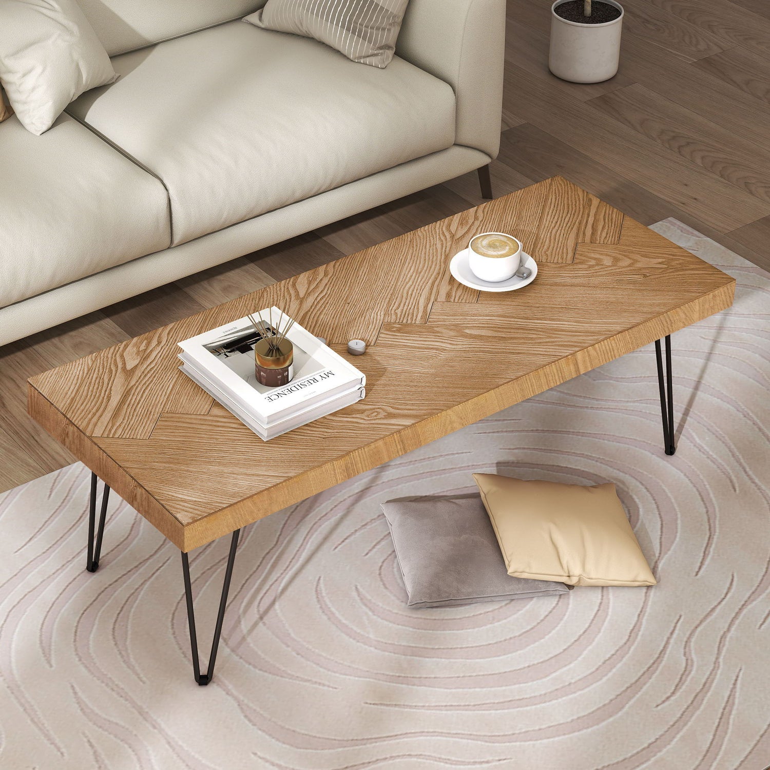 Modern Coffee Table Tea Table, Thicken Cocktail Table With With Chevron Pattern &amp; Metal Hairpin Legs For Living Room - Natural