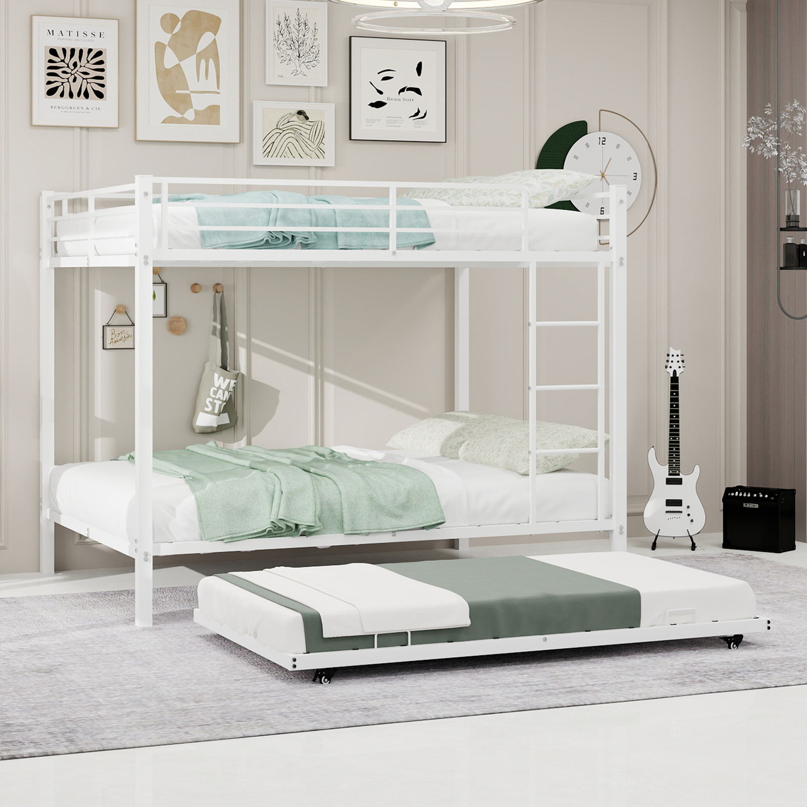 Bunk Bed For Kids, Convertible Frame With Ladders &amp; Guardrail