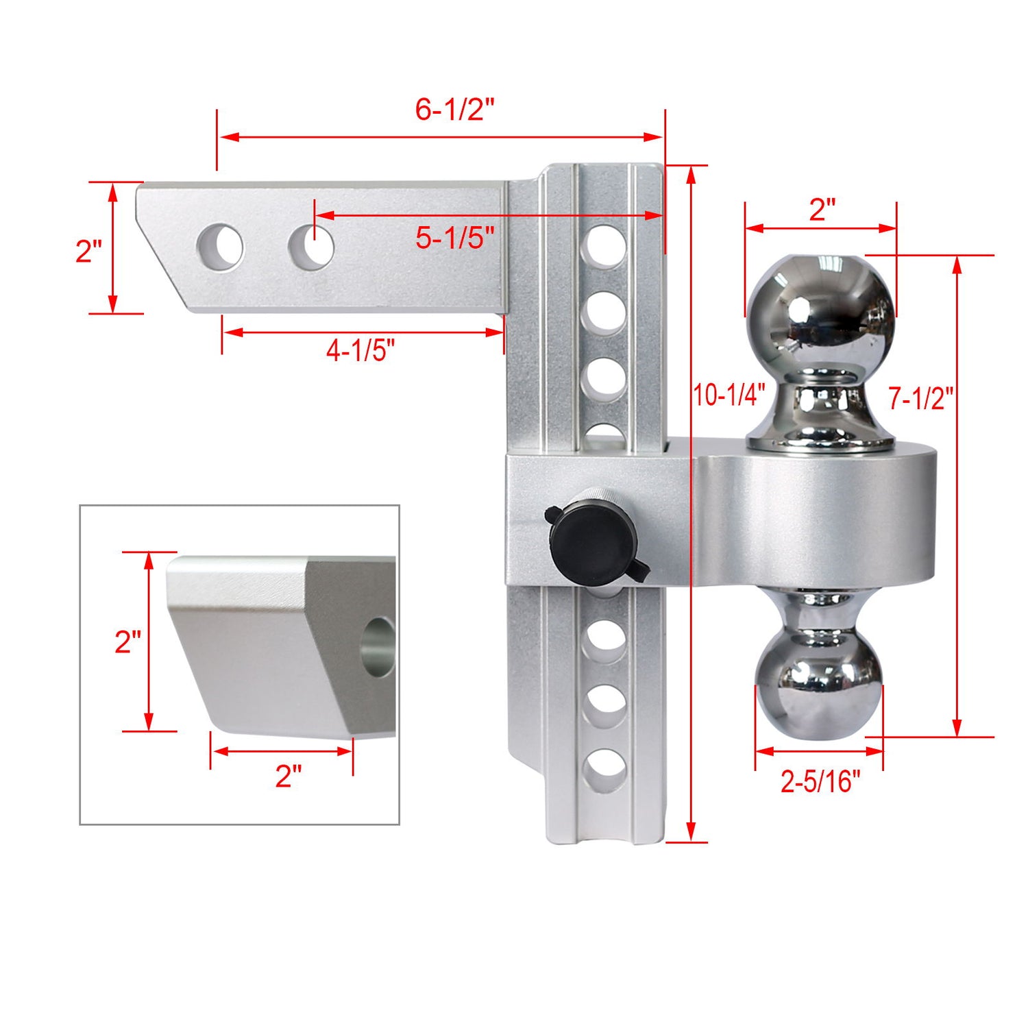 Alu - Adjustable Trailer Drop Hitch 2&quot; Receiver 8&quot; Adjustable - Silver